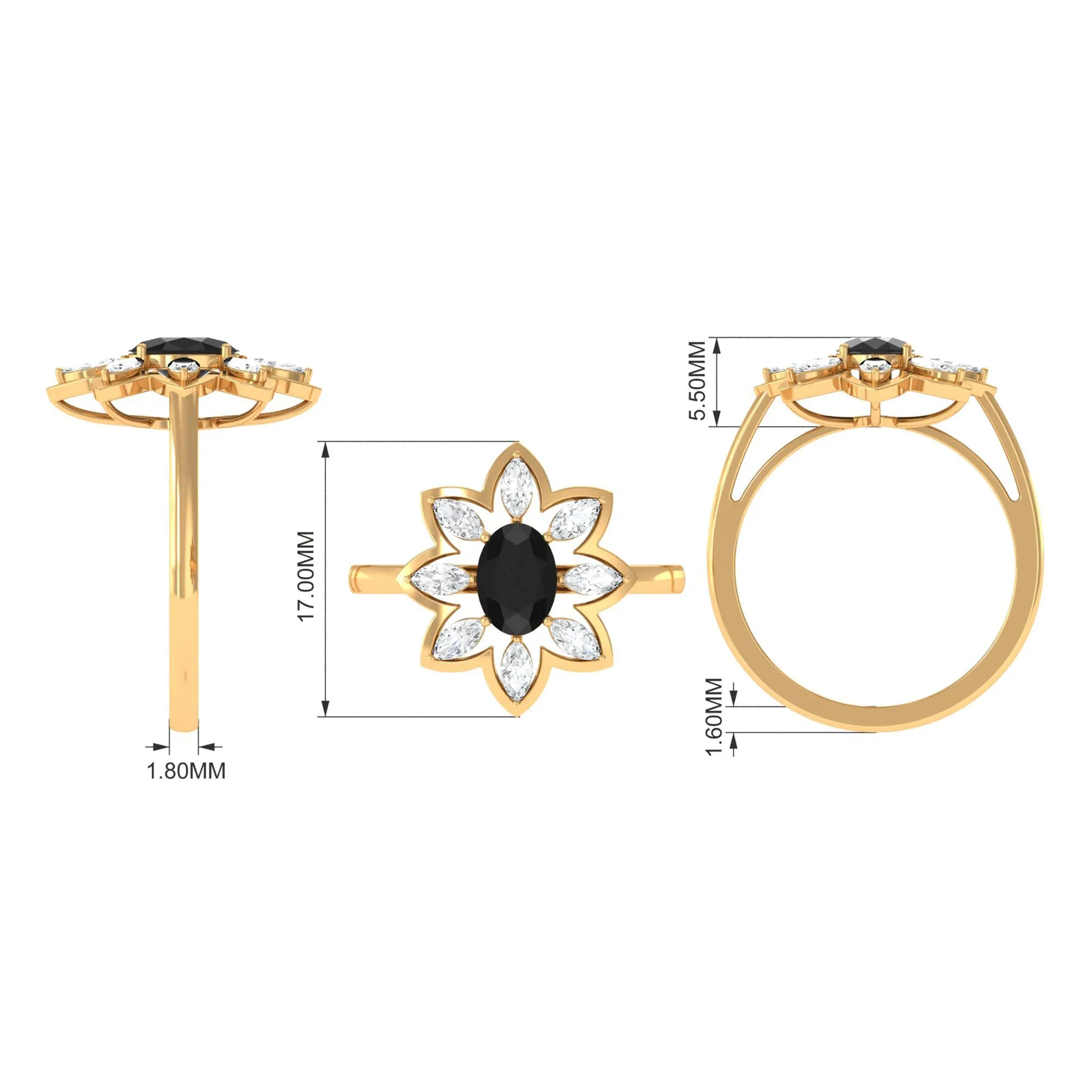 1.25 CT Oval Black Spinel and Moissanite Cocktail Flower Ring