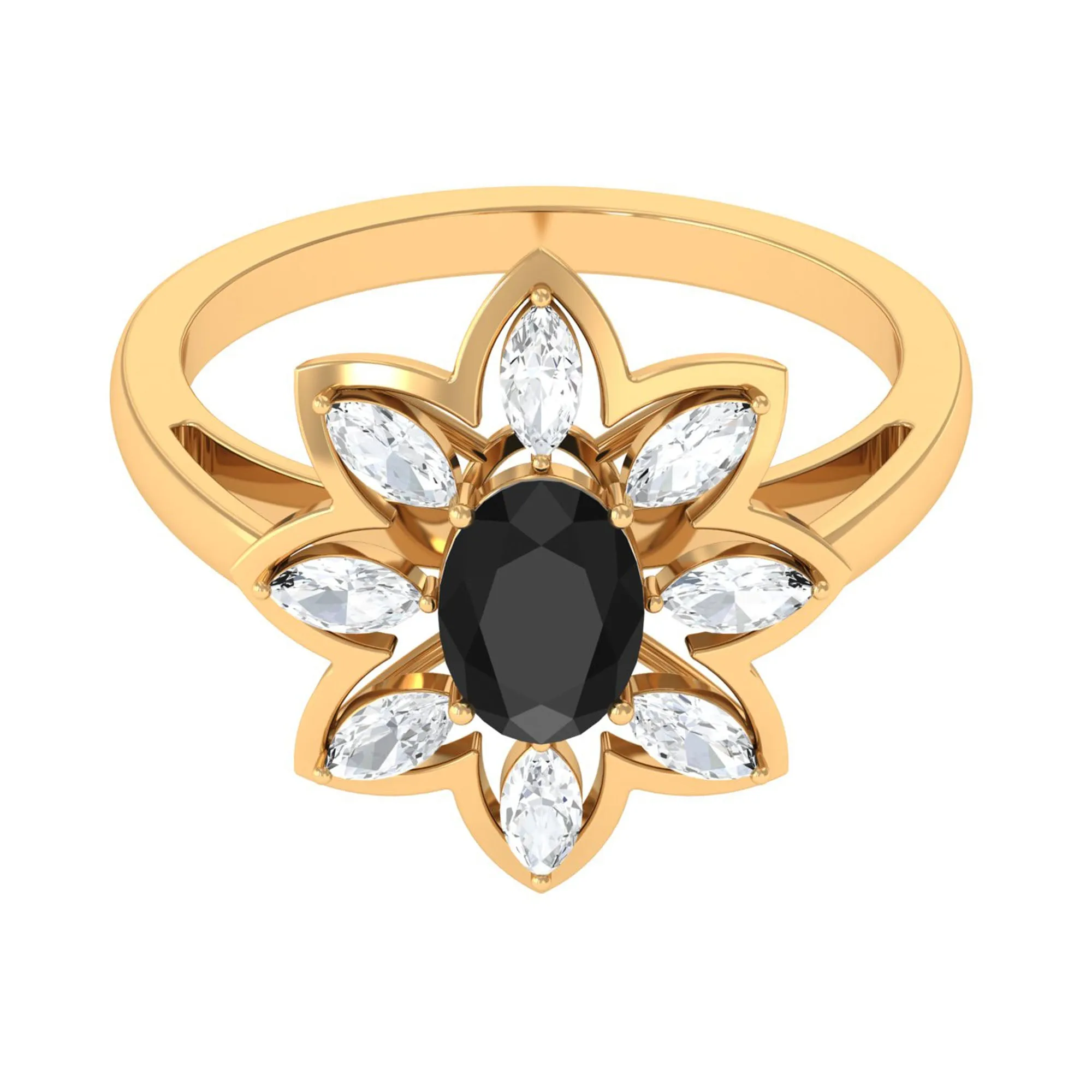1.25 CT Oval Black Spinel and Moissanite Cocktail Flower Ring
