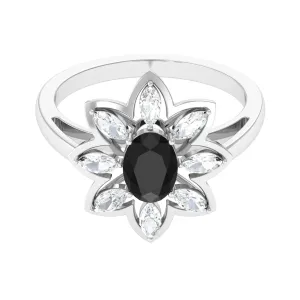1.25 CT Oval Black Spinel and Moissanite Cocktail Flower Ring