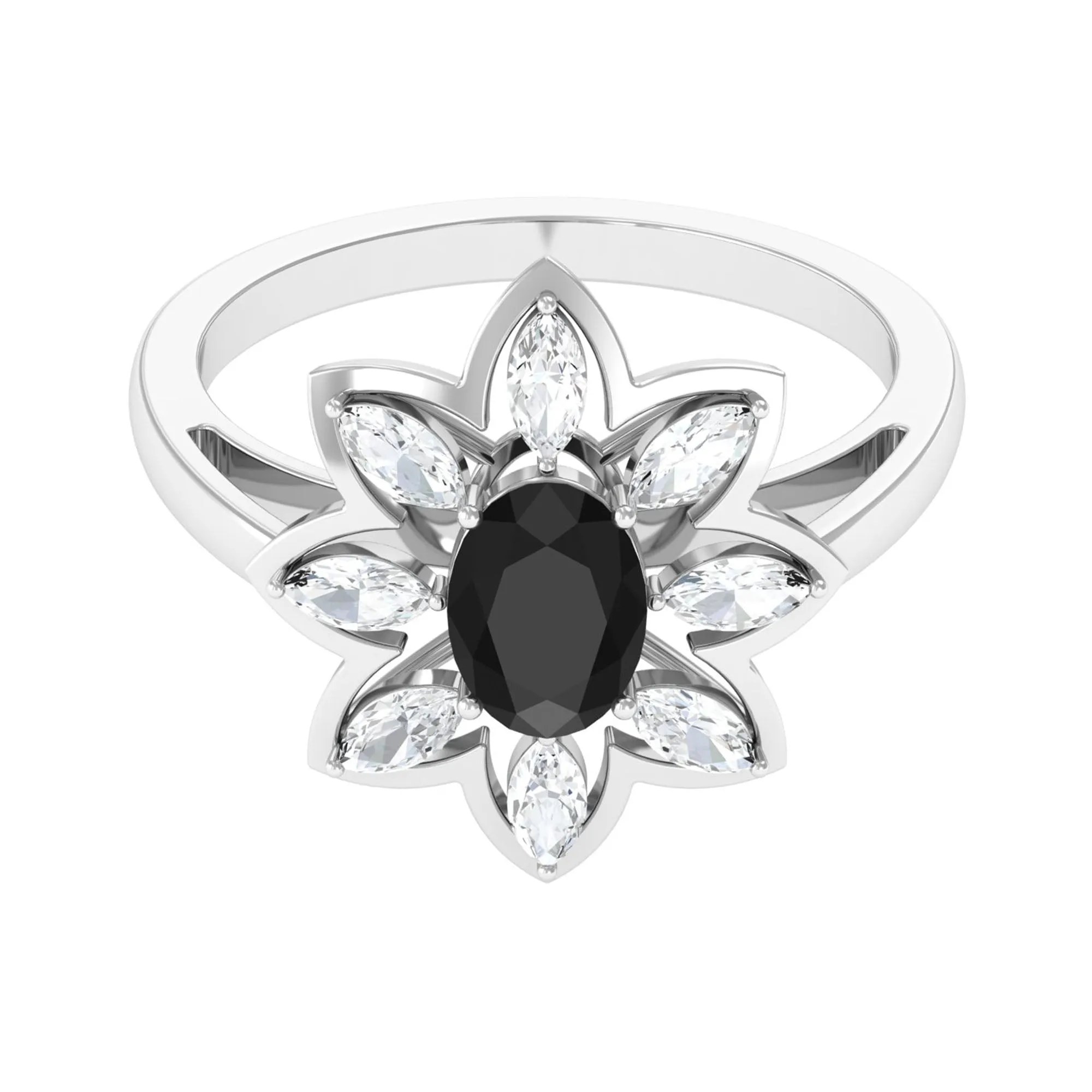 1.25 CT Oval Black Spinel and Moissanite Cocktail Flower Ring