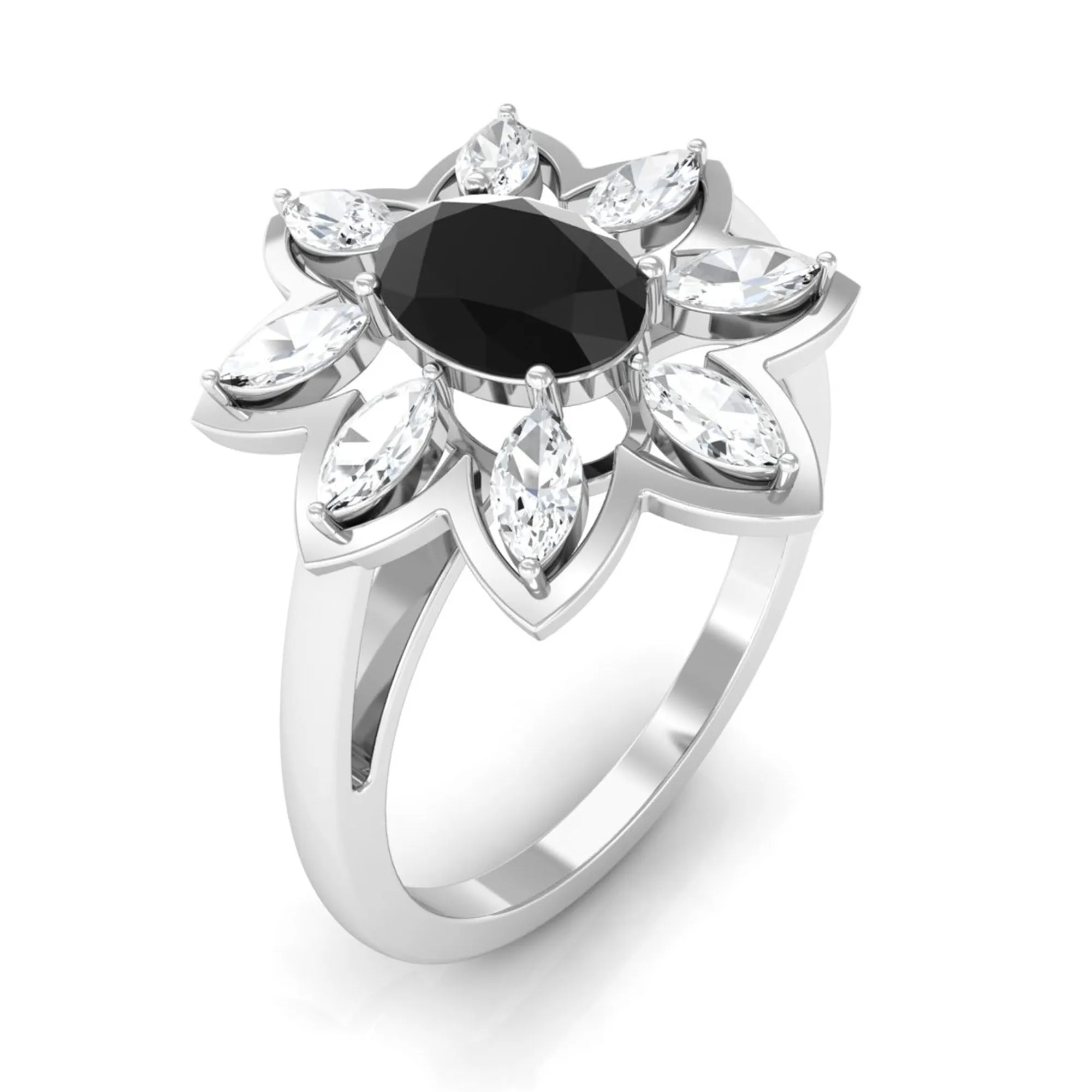 1.25 CT Oval Black Spinel and Moissanite Cocktail Flower Ring