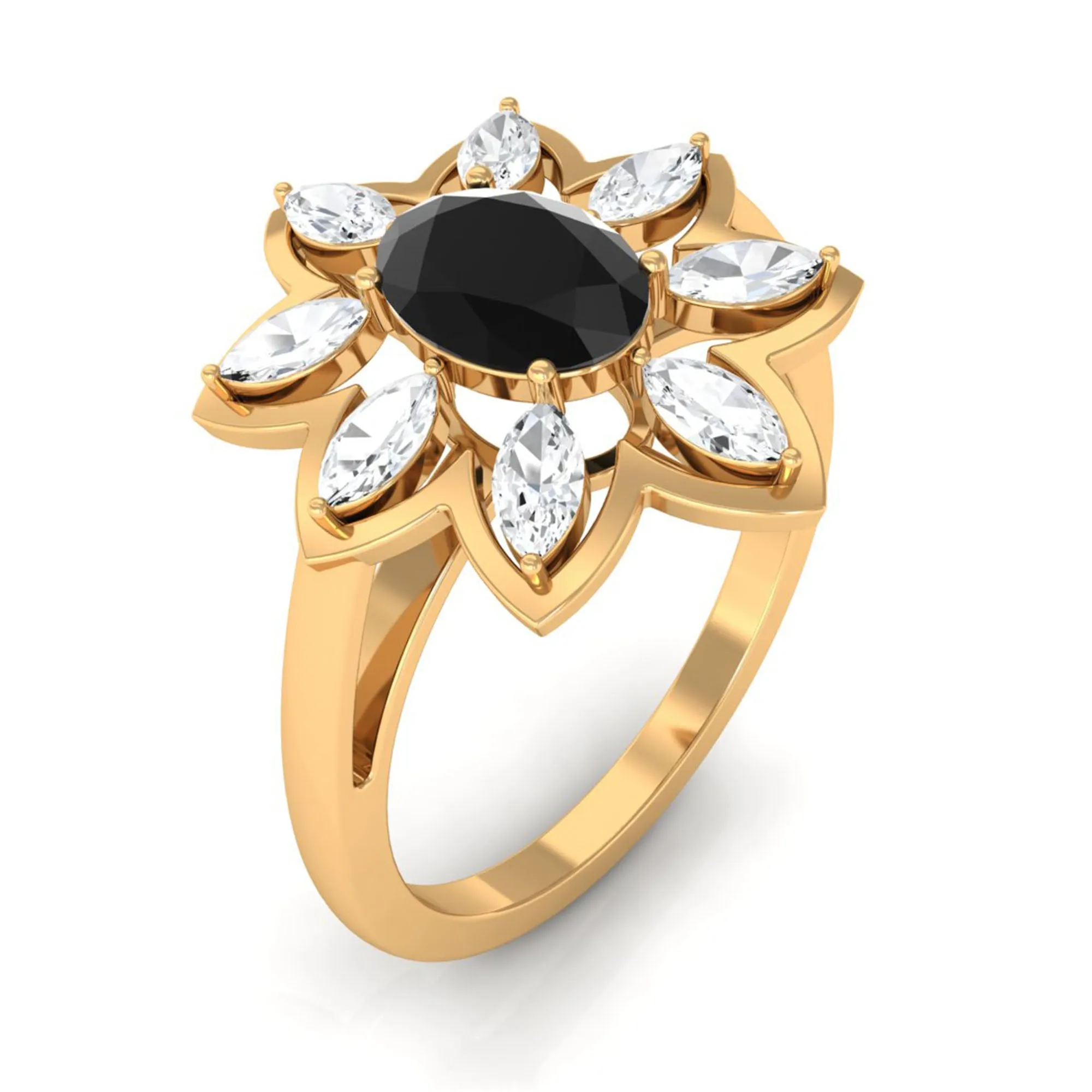 1.25 CT Oval Black Spinel and Moissanite Cocktail Flower Ring