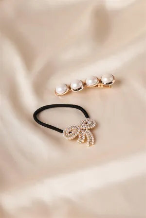 12pcs Pearl Bow Tie Pony Tail Gold Pearl Barrette