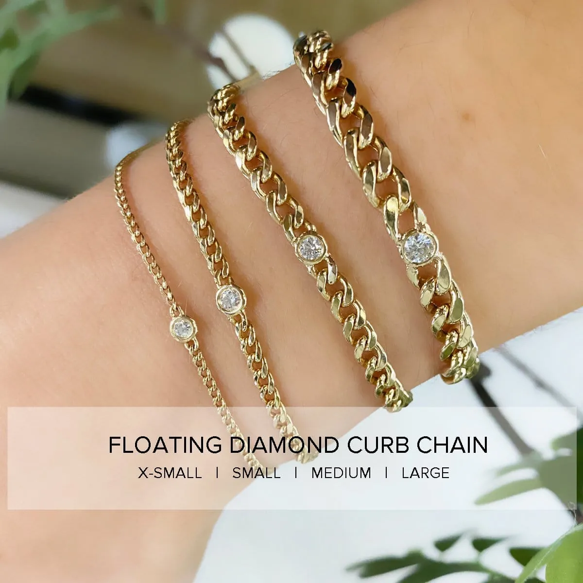 14K Gold Small Curb Chain Bracelet with Floating 3mm Diamond