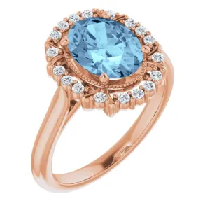 14K Rose Natural Aquamarine & 1/6 CTW Natural Diamond Ring
