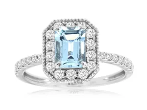 14K White Gold Aquamarine and Diamond Halo Ring