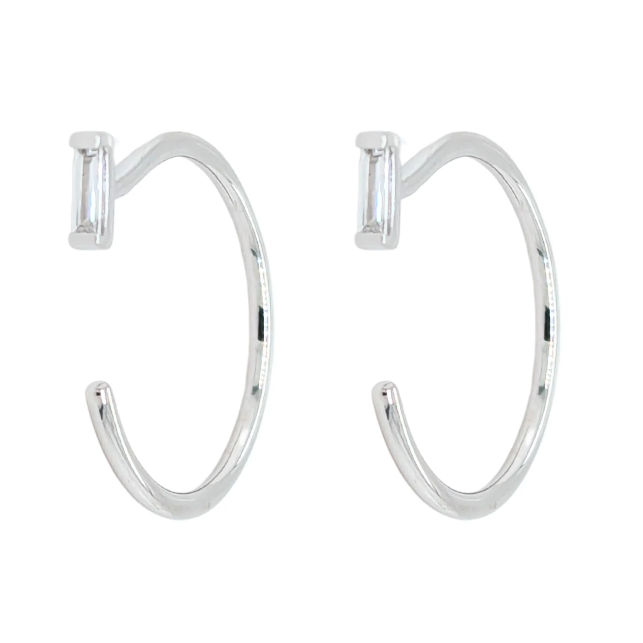 14K White Gold Baguette Open Diamond Huggies