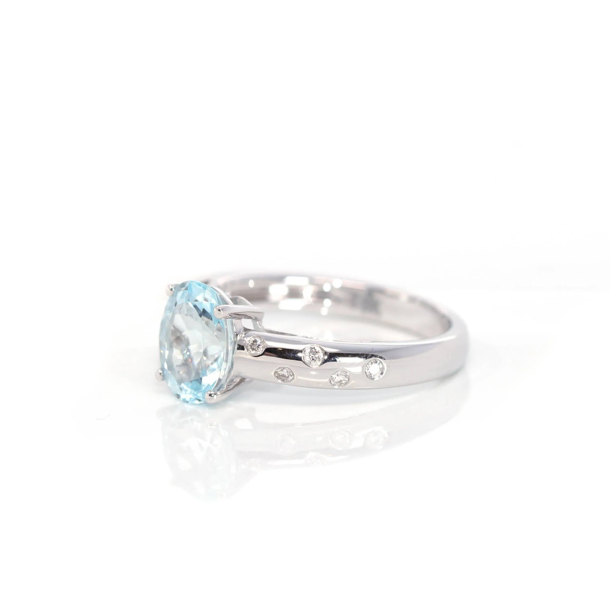 14k White Gold Natural Oval Aquamarine Diamond Anniversary Ring