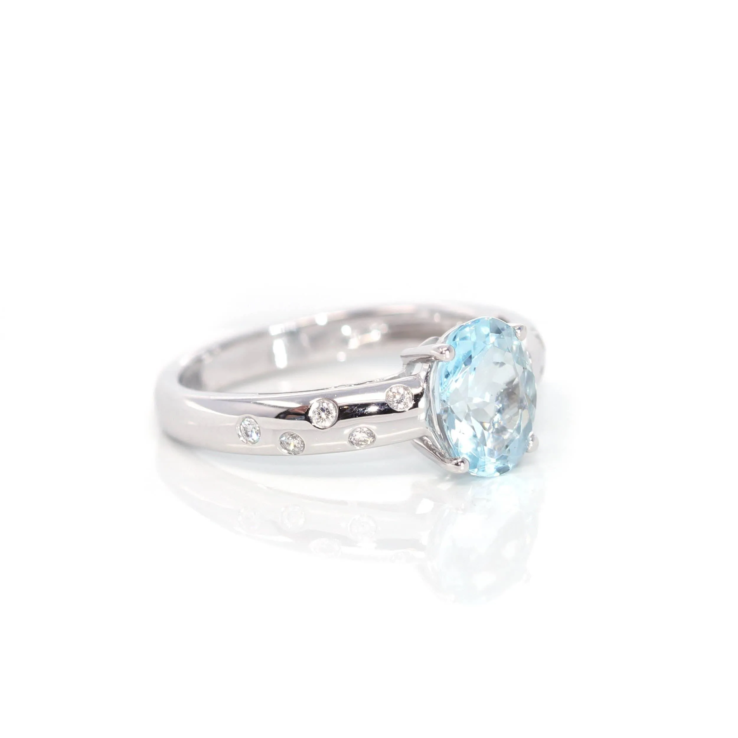 14k White Gold Natural Oval Aquamarine Diamond Anniversary Ring
