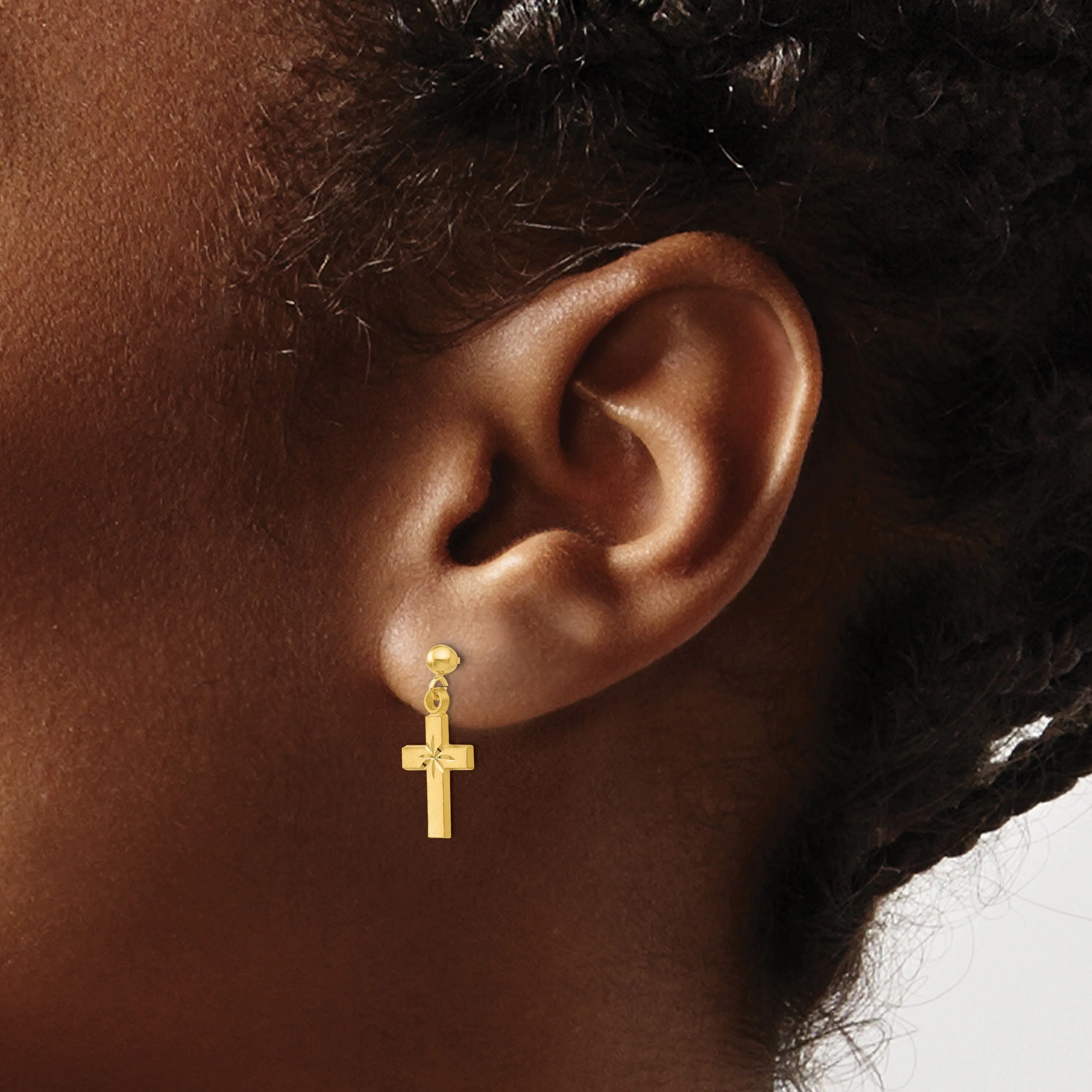 14k Yellow Gold Satin Diamond -Cut Cross Earring