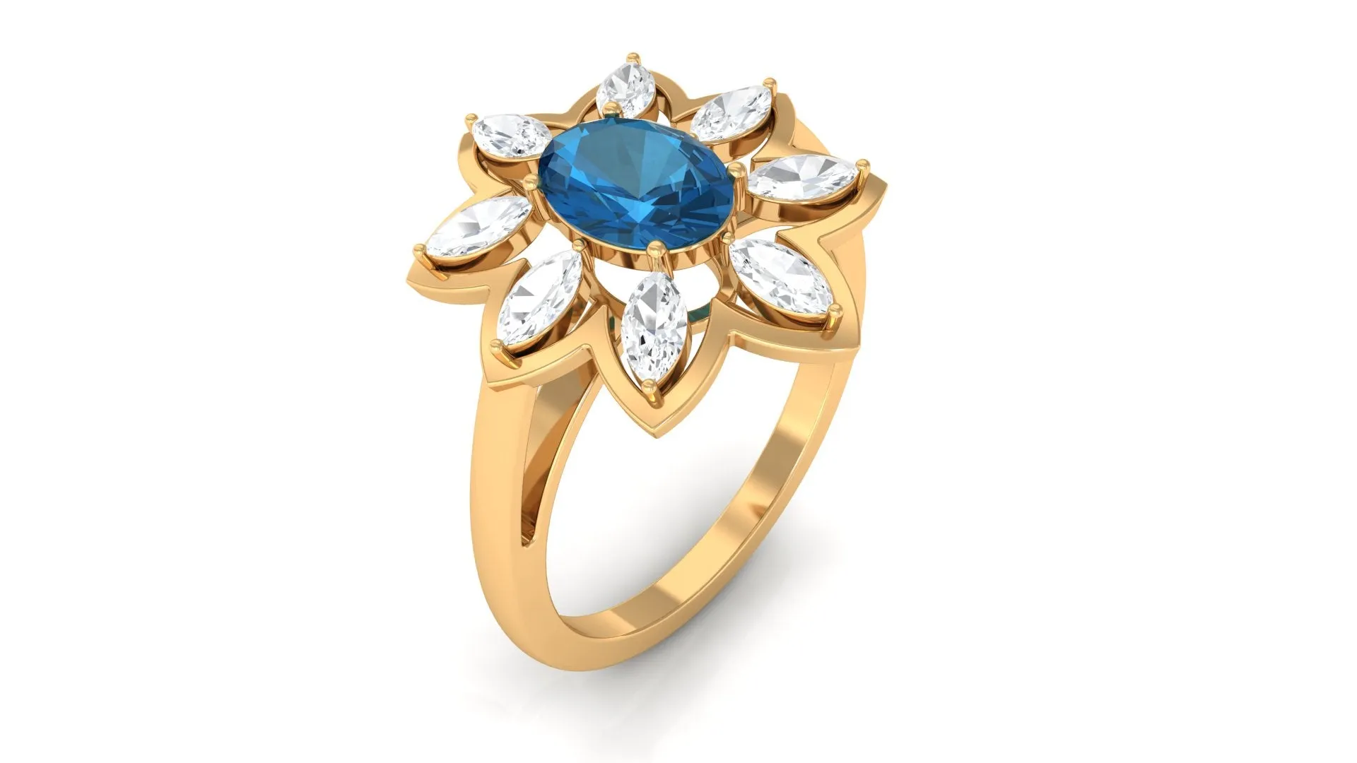 1.50 CT Oval London Blue Topaz and Moissanite Cocktail Flower Ring