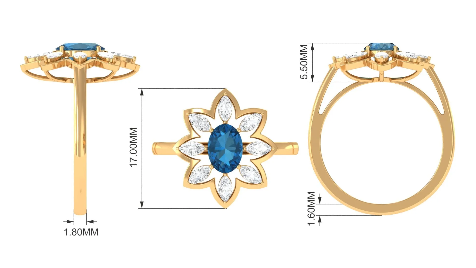 1.50 CT Oval London Blue Topaz and Moissanite Cocktail Flower Ring