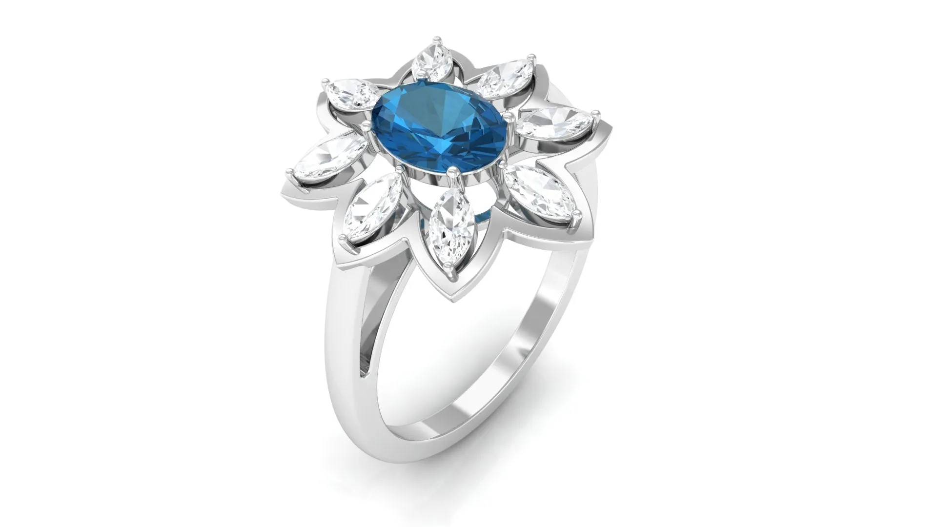 1.50 CT Oval London Blue Topaz and Moissanite Cocktail Flower Ring