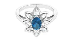 1.50 CT Oval London Blue Topaz and Moissanite Cocktail Flower Ring