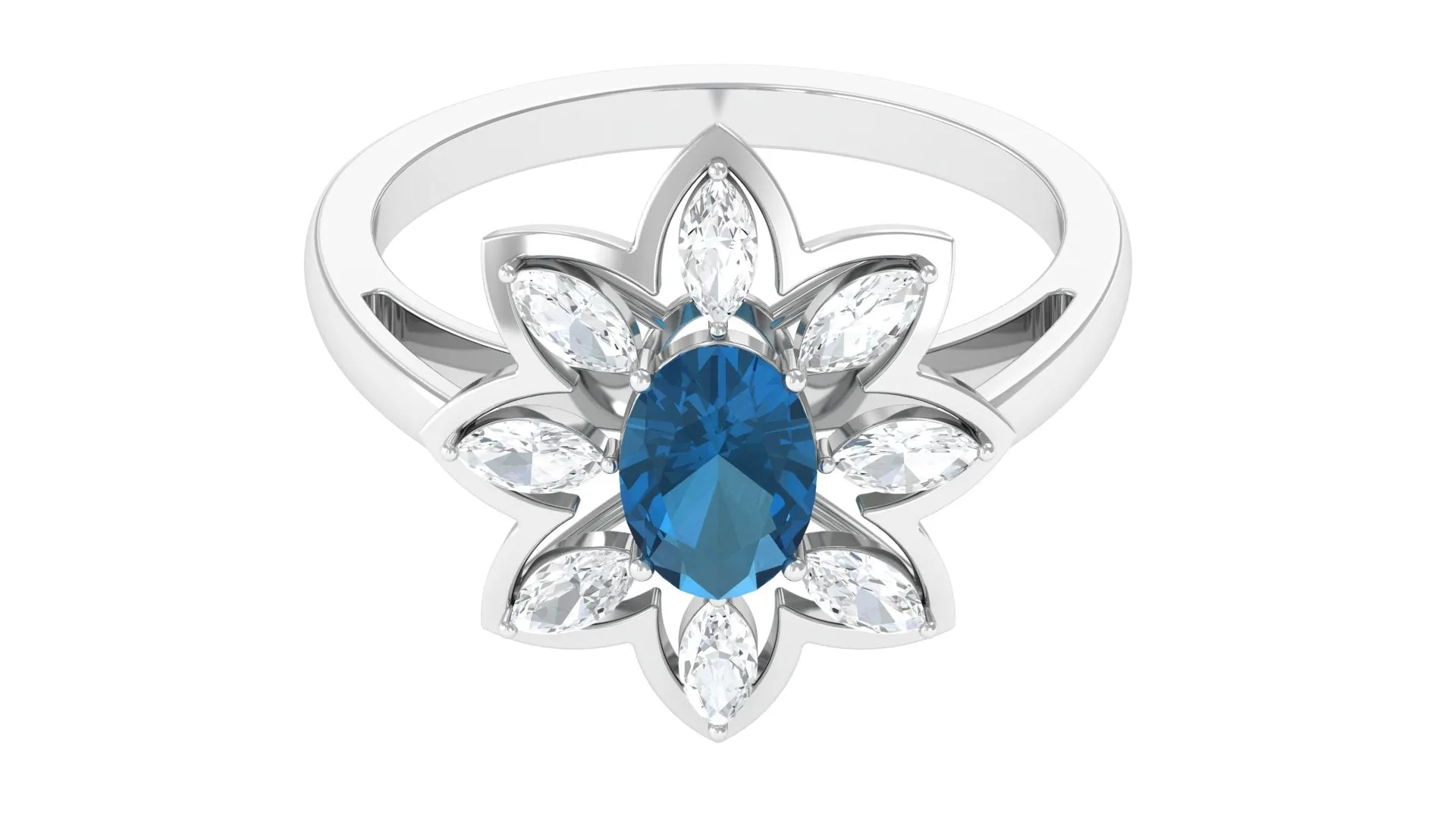 1.50 CT Oval London Blue Topaz and Moissanite Cocktail Flower Ring