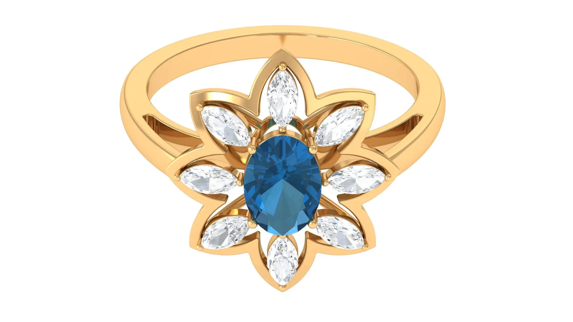 1.50 CT Oval London Blue Topaz and Moissanite Cocktail Flower Ring