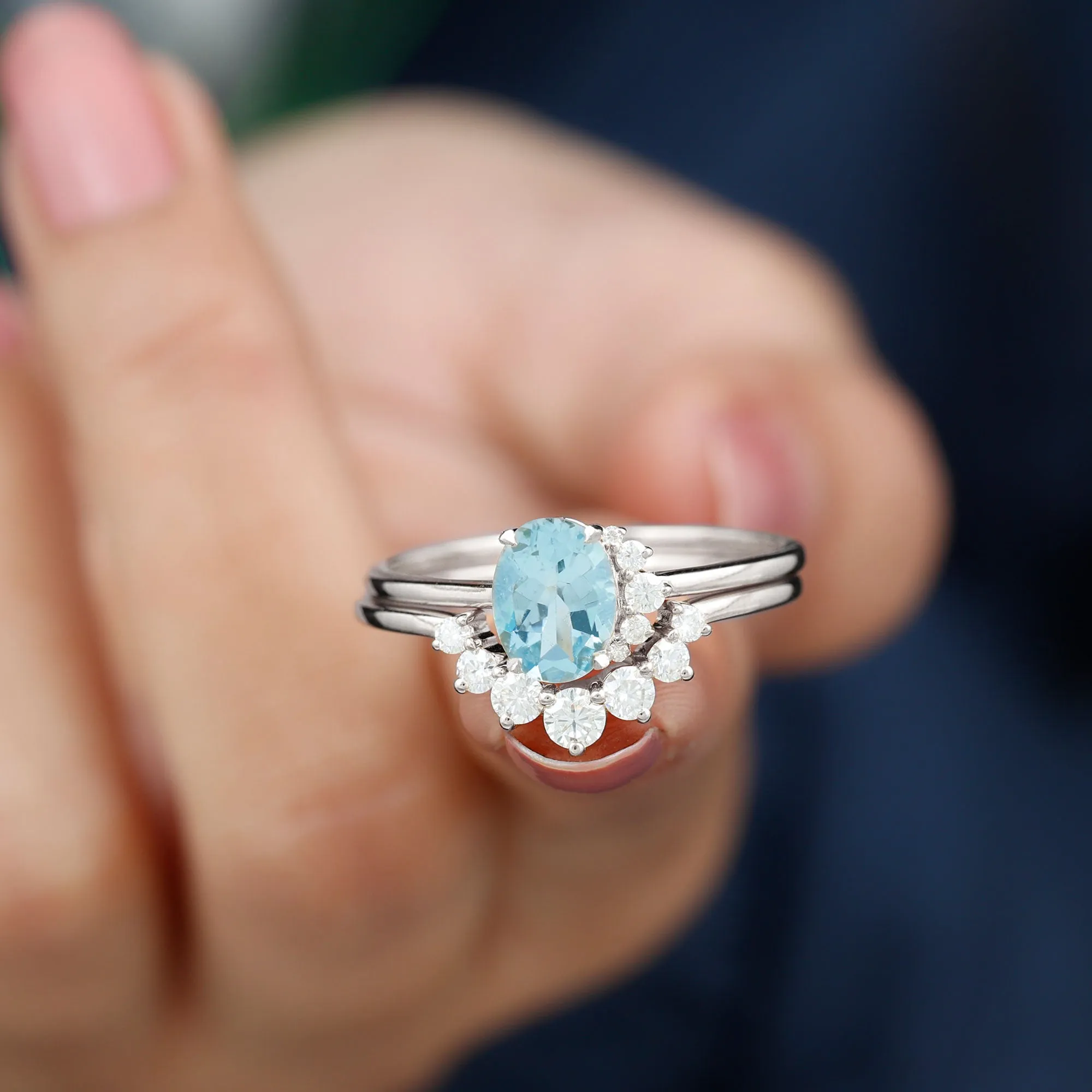 1.75 CT Aquamarine and Diamond Engagement Enhancer Ring Set
