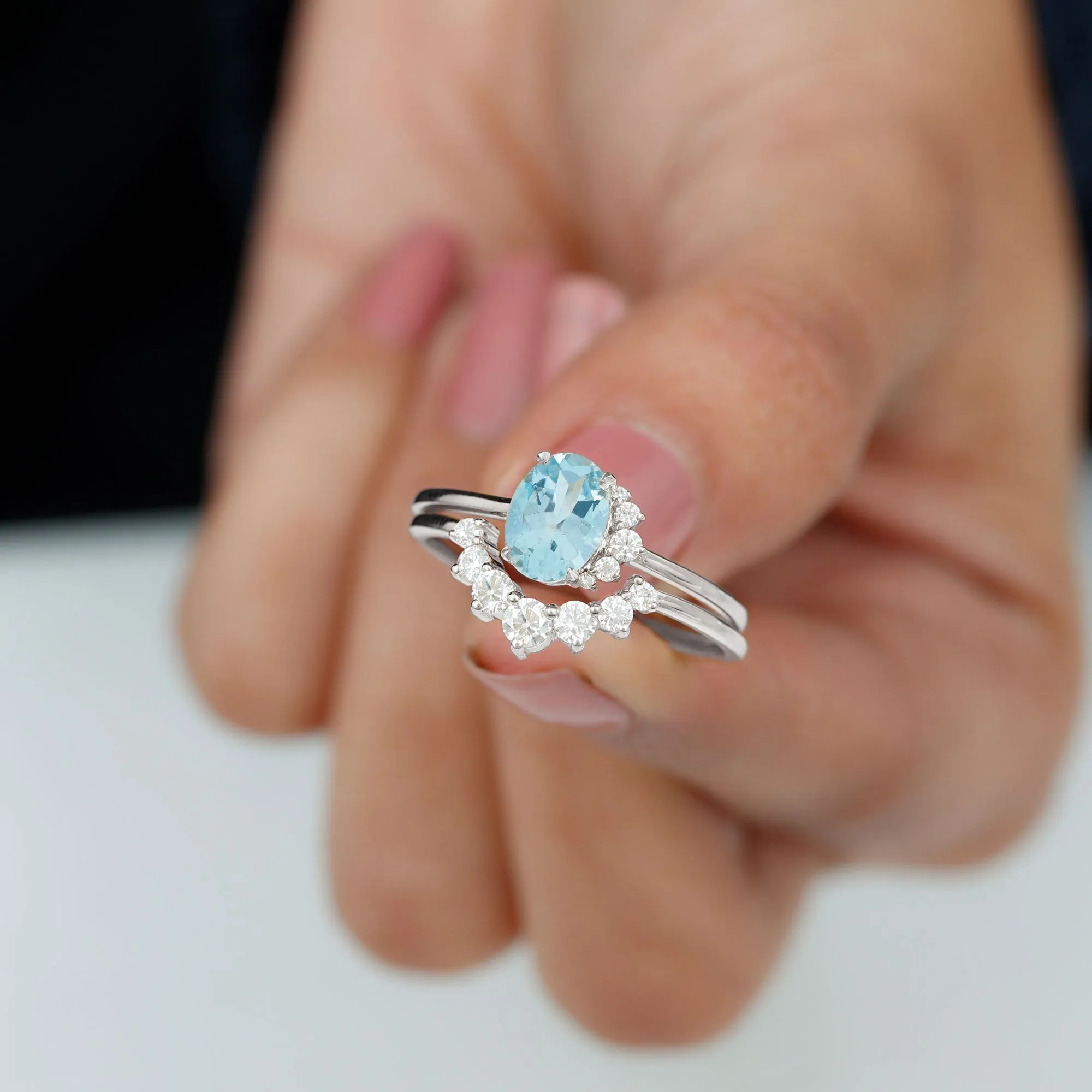 1.75 CT Aquamarine and Diamond Engagement Enhancer Ring Set