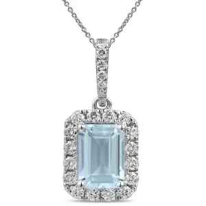 18K White Gold Emerald Cut Aquamarine with Diamond Halo Pendant