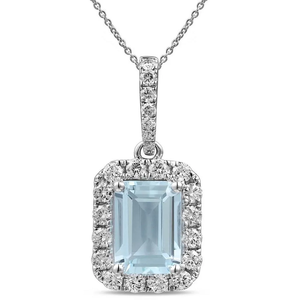 18K White Gold Emerald Cut Aquamarine with Diamond Halo Pendant