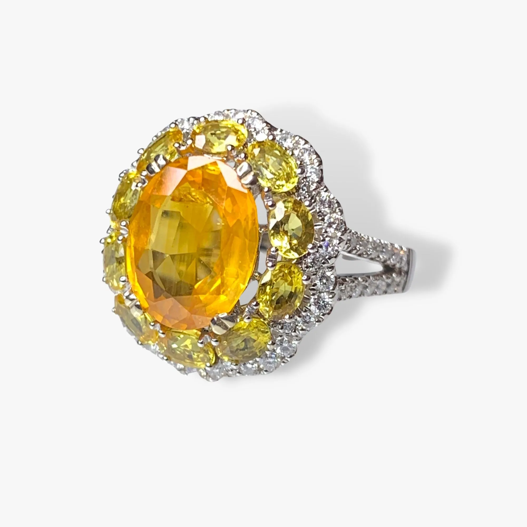 18k White Gold Oval Orangey-Yellow Sapphire and Diamond Cocktail Ring
