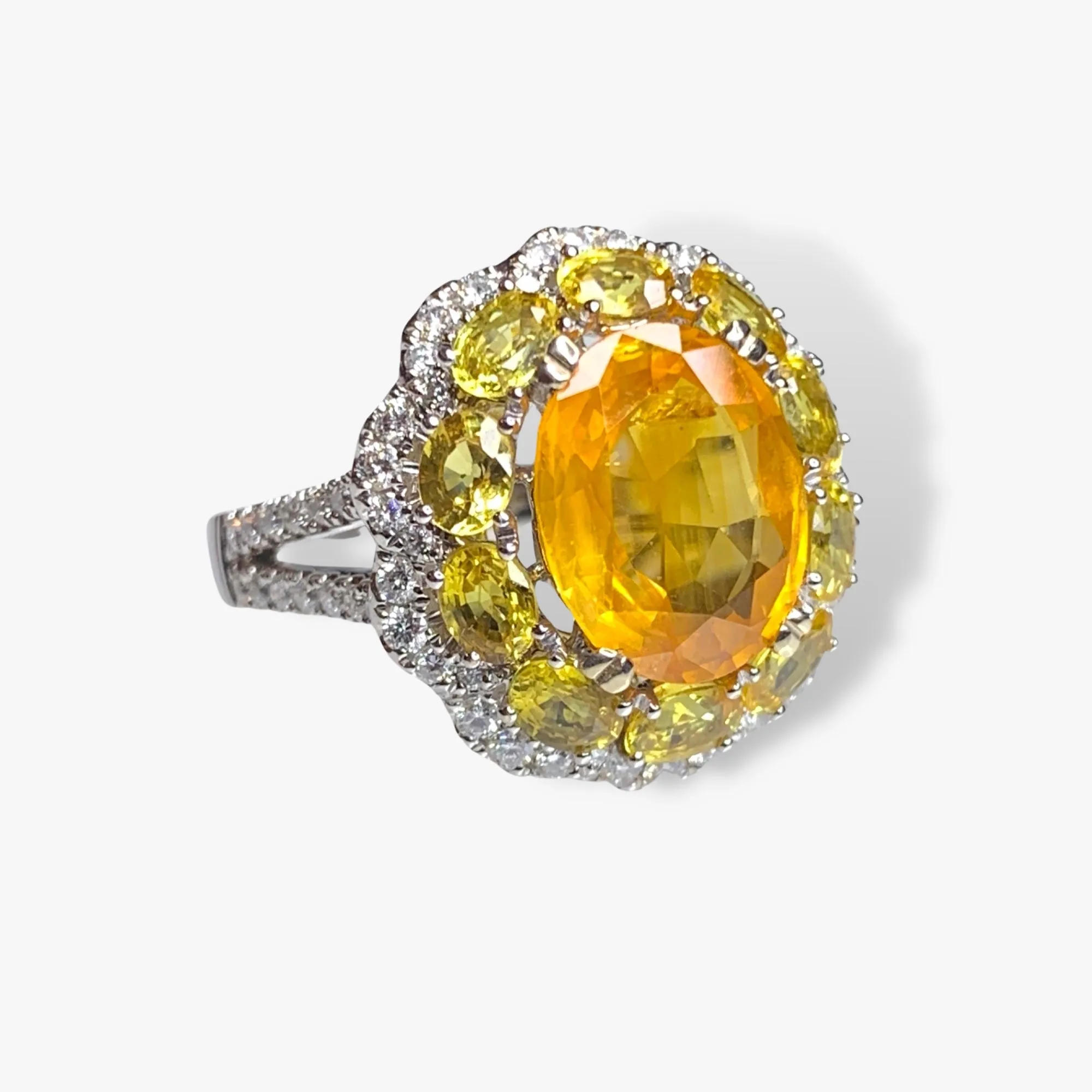 18k White Gold Oval Orangey-Yellow Sapphire and Diamond Cocktail Ring