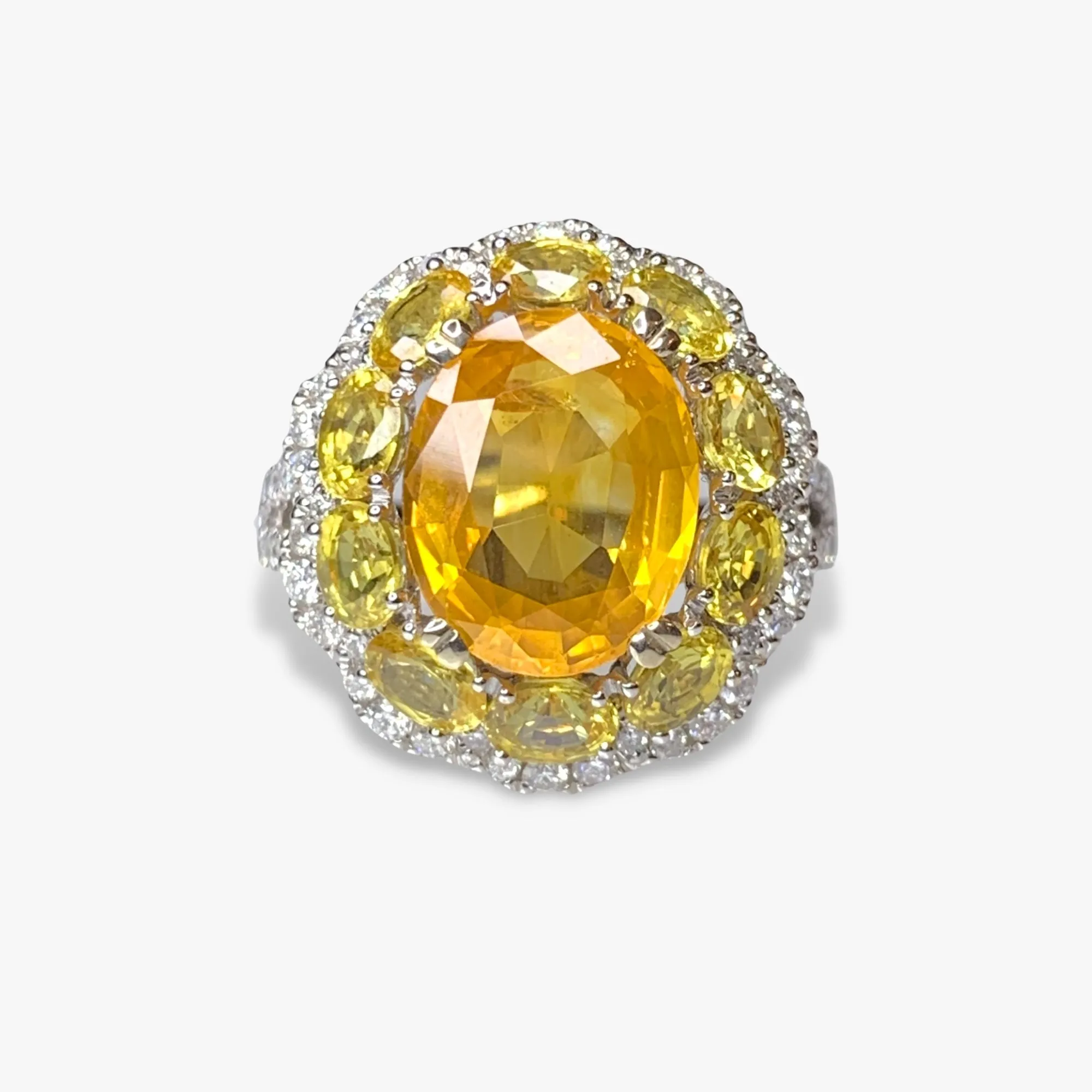 18k White Gold Oval Orangey-Yellow Sapphire and Diamond Cocktail Ring