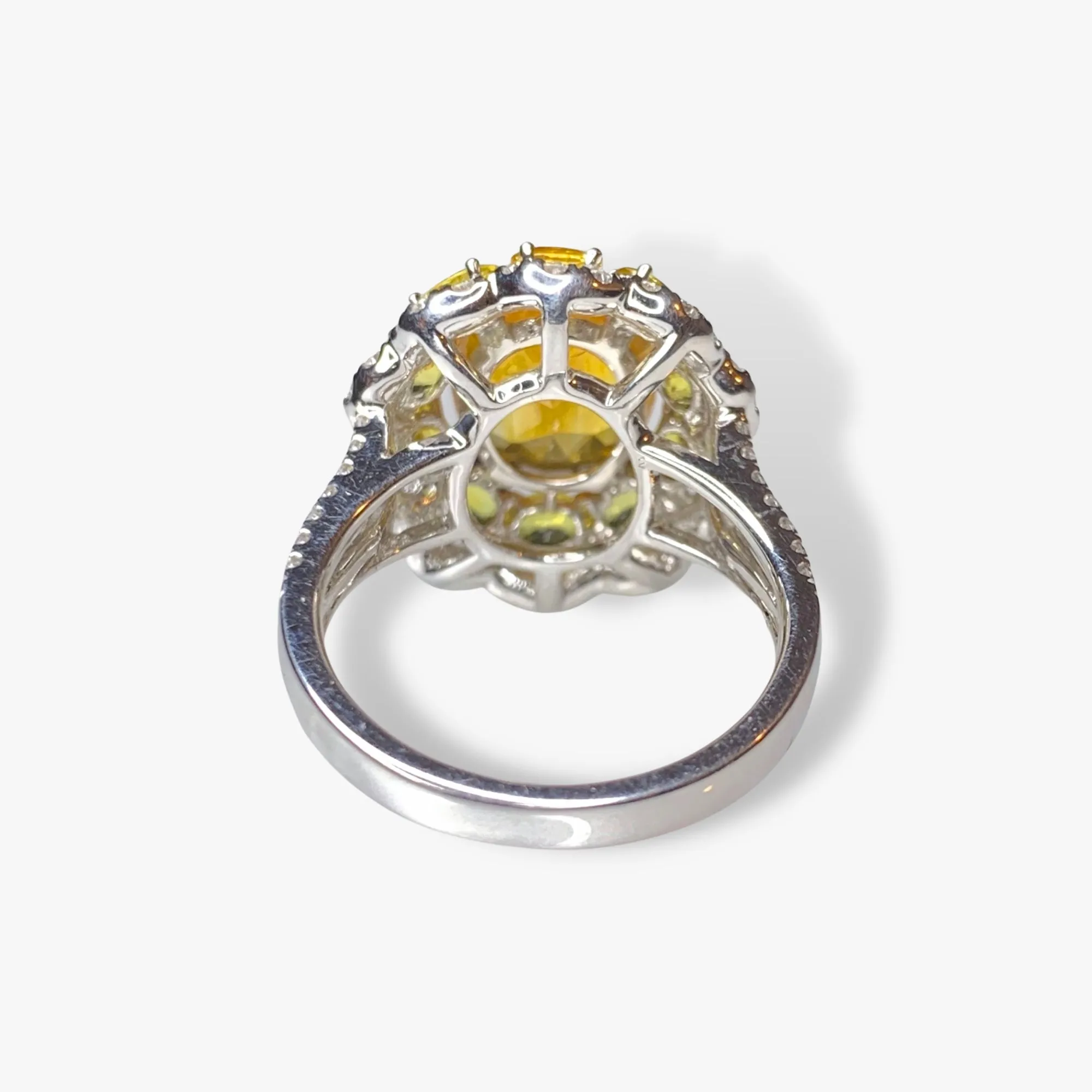 18k White Gold Oval Orangey-Yellow Sapphire and Diamond Cocktail Ring