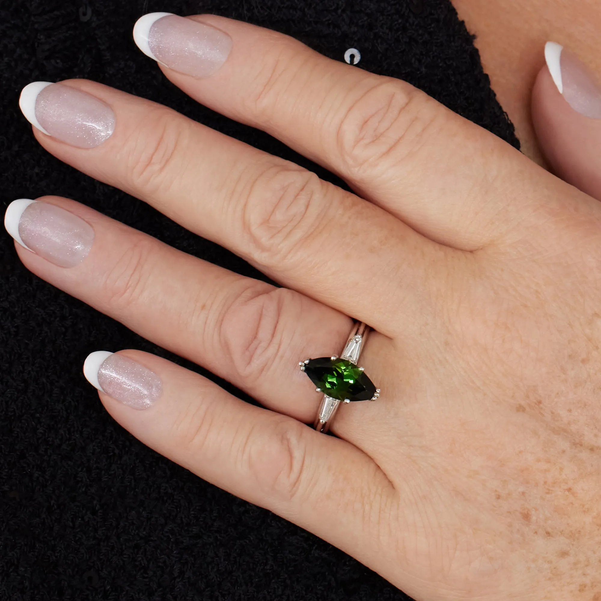 1930..Vintage 3.68ct Green Tourmaline Marquise Diamond Three Stone Platinum Ring