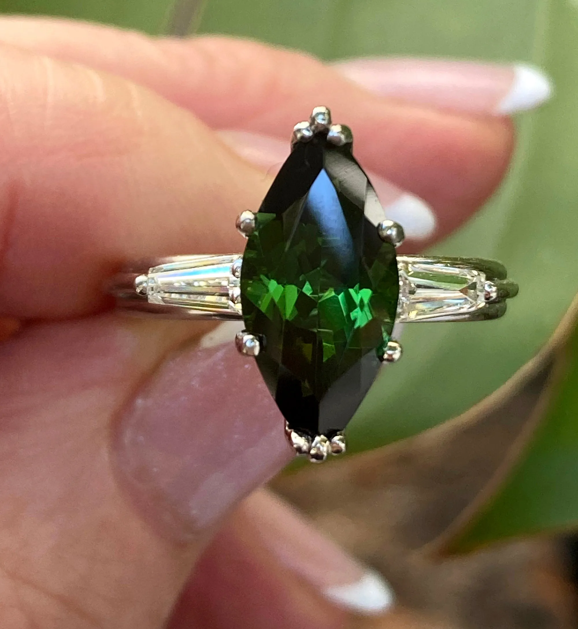 1930..Vintage 3.68ct Green Tourmaline Marquise Diamond Three Stone Platinum Ring