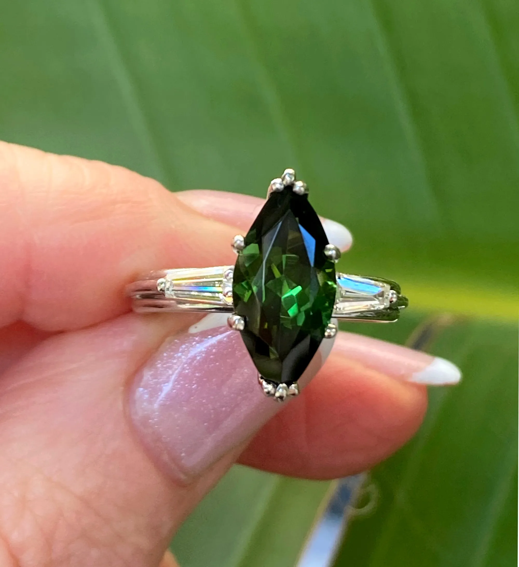 1930..Vintage 3.68ct Green Tourmaline Marquise Diamond Three Stone Platinum Ring