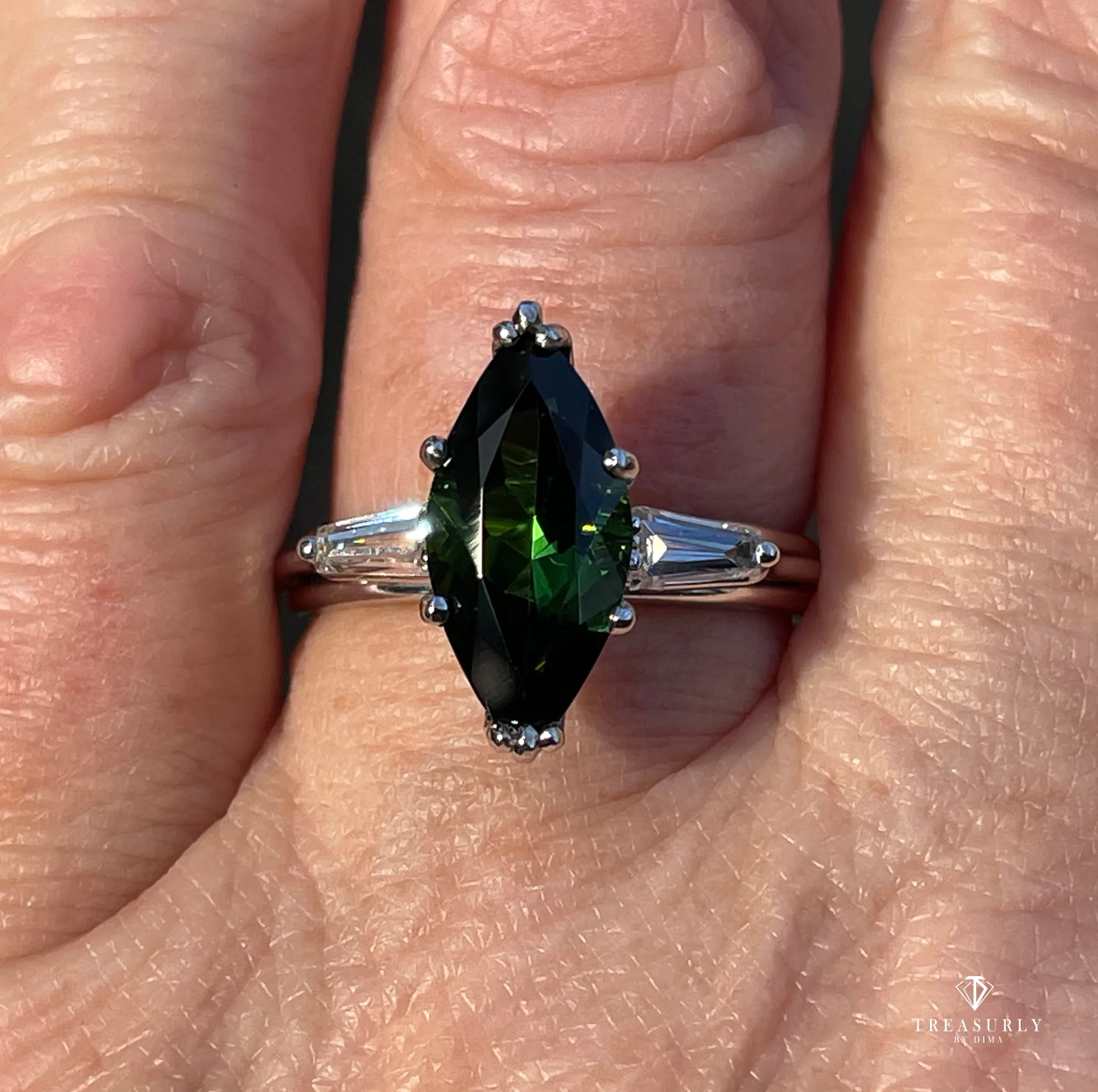 1930..Vintage 3.68ct Green Tourmaline Marquise Diamond Three Stone Platinum Ring