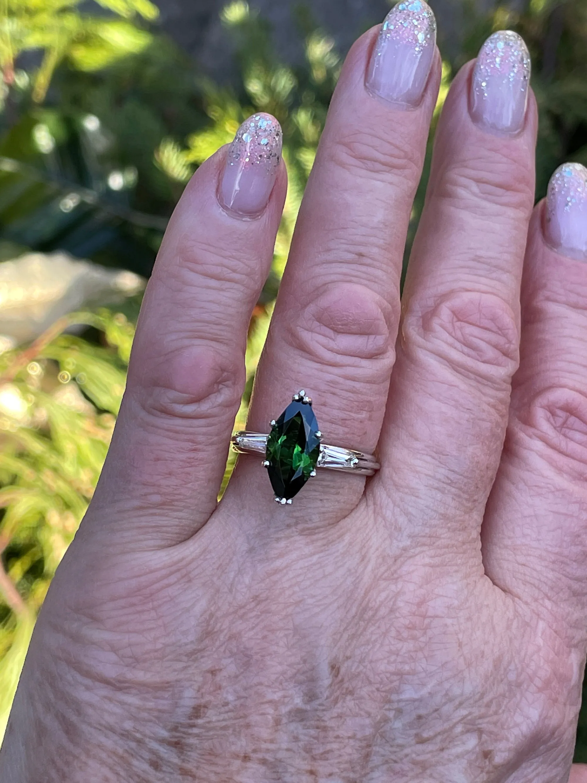 1930..Vintage 3.68ct Green Tourmaline Marquise Diamond Three Stone Platinum Ring