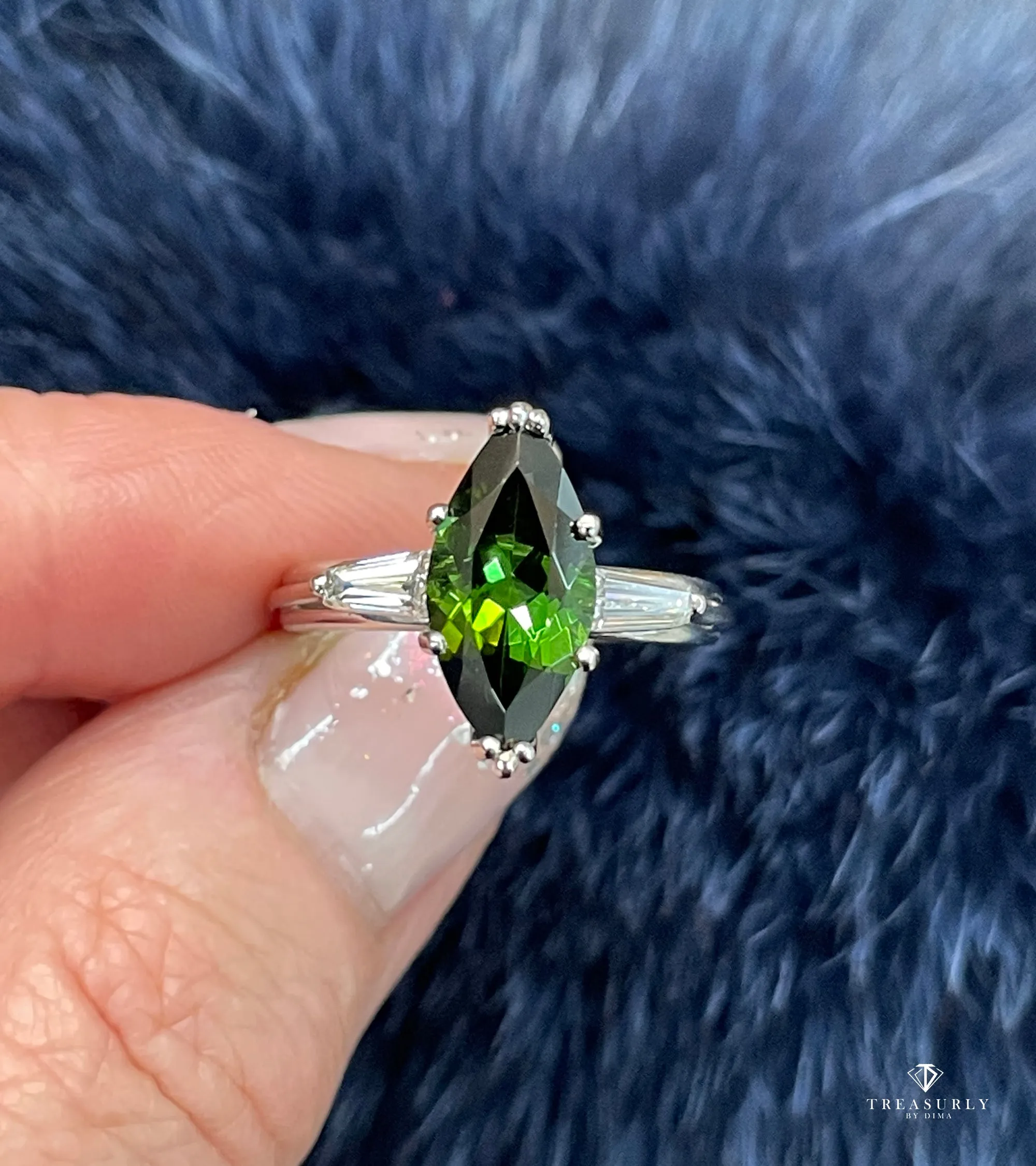 1930..Vintage 3.68ct Green Tourmaline Marquise Diamond Three Stone Platinum Ring