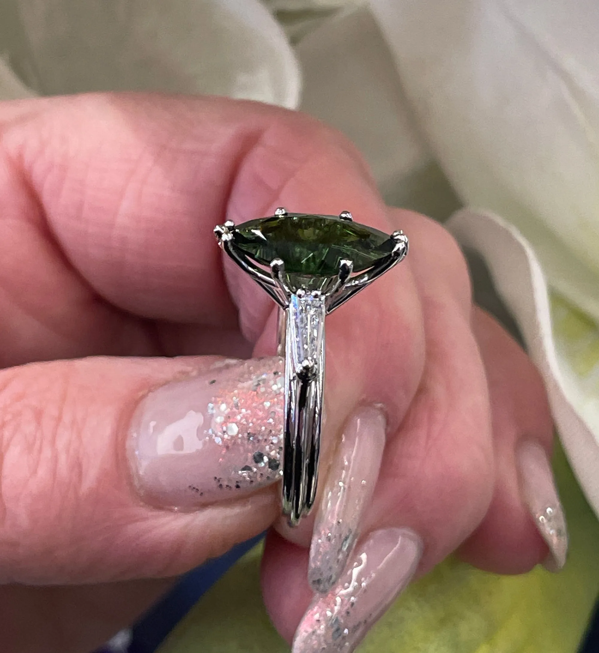 1930..Vintage 3.68ct Green Tourmaline Marquise Diamond Three Stone Platinum Ring
