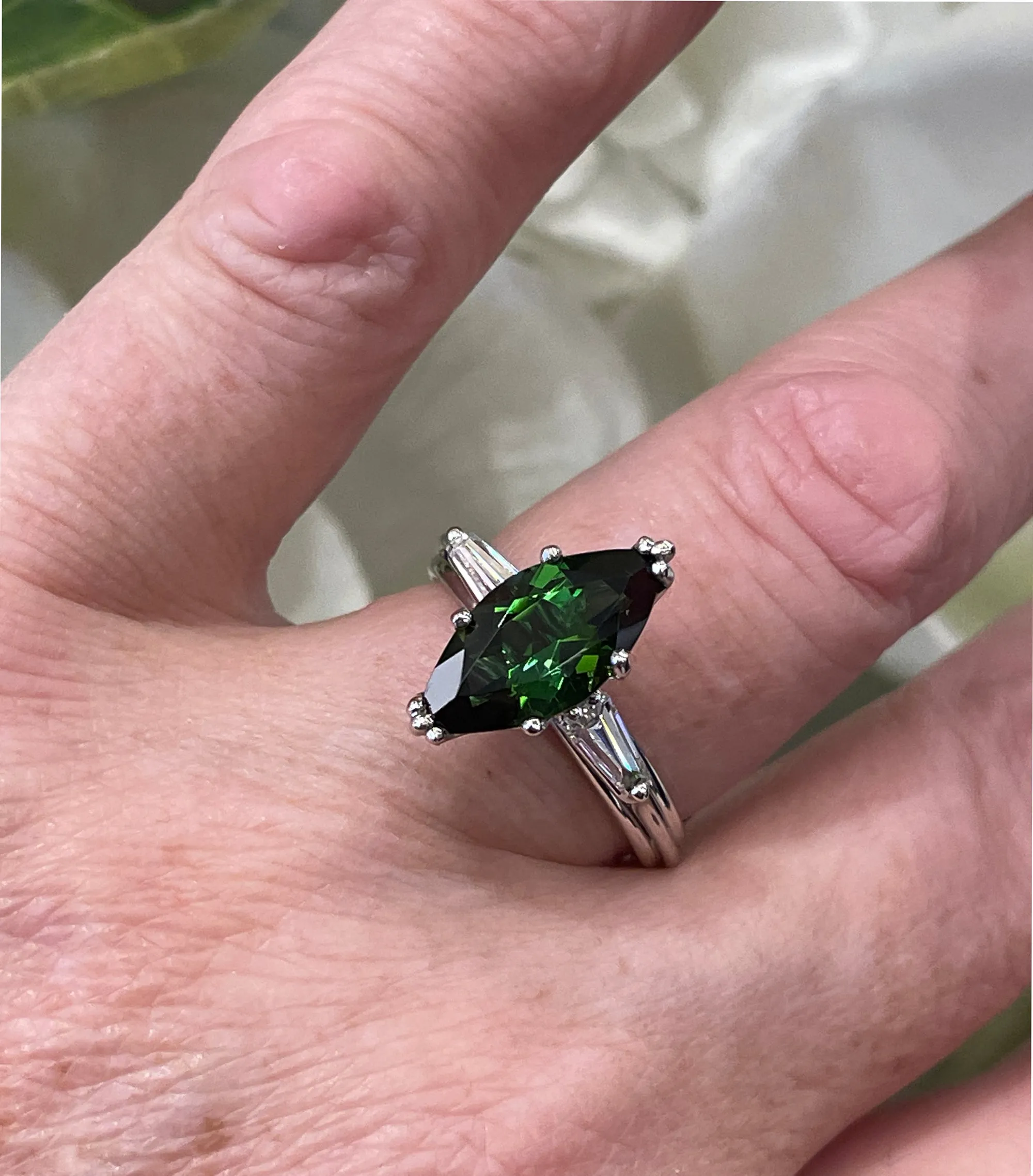 1930..Vintage 3.68ct Green Tourmaline Marquise Diamond Three Stone Platinum Ring
