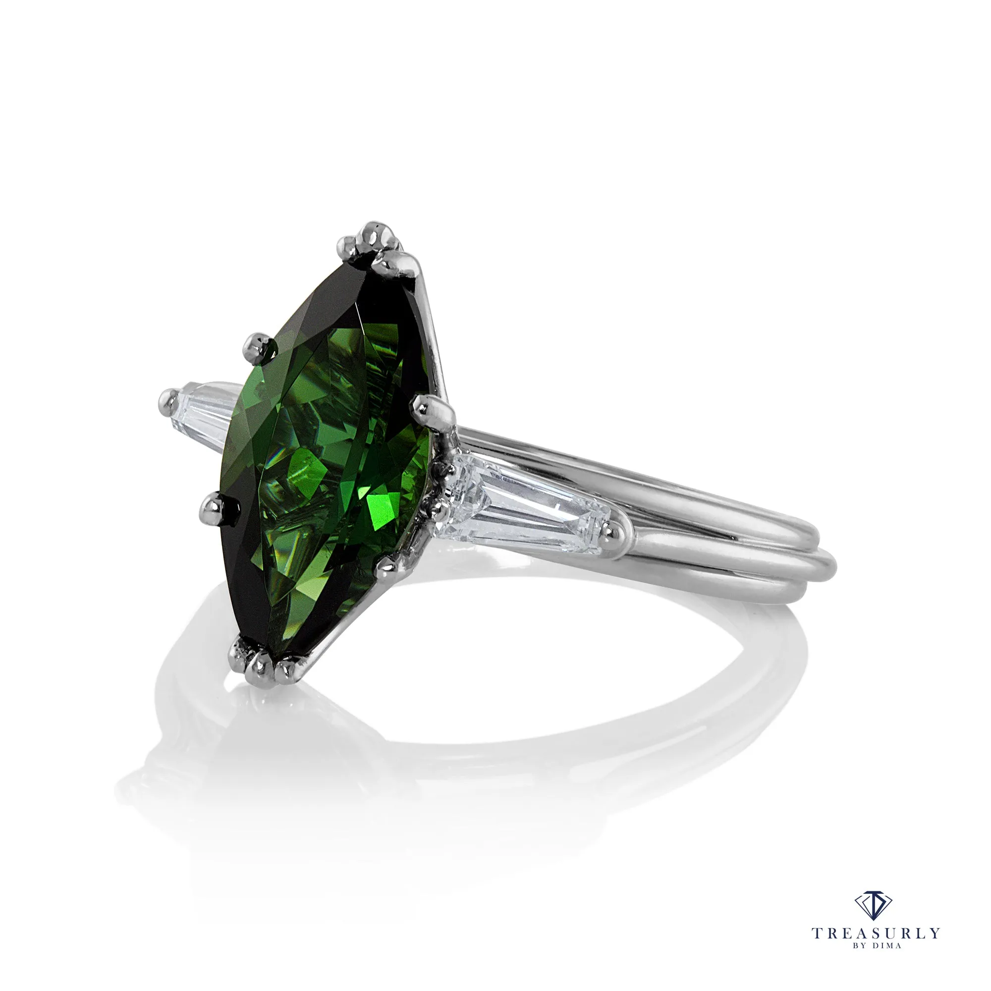 1930..Vintage 3.68ct Green Tourmaline Marquise Diamond Three Stone Platinum Ring