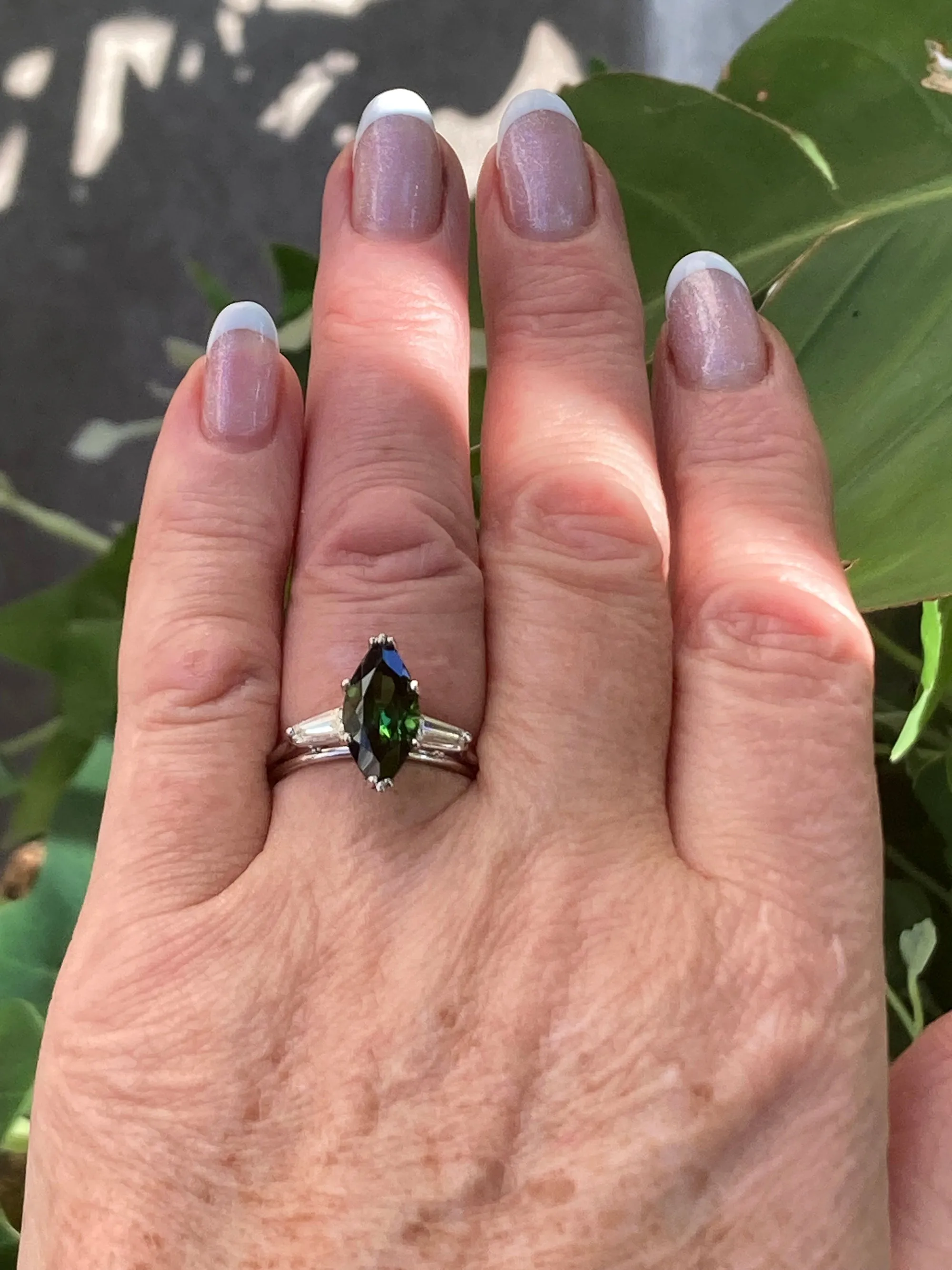 1930..Vintage 3.68ct Green Tourmaline Marquise Diamond Three Stone Platinum Ring