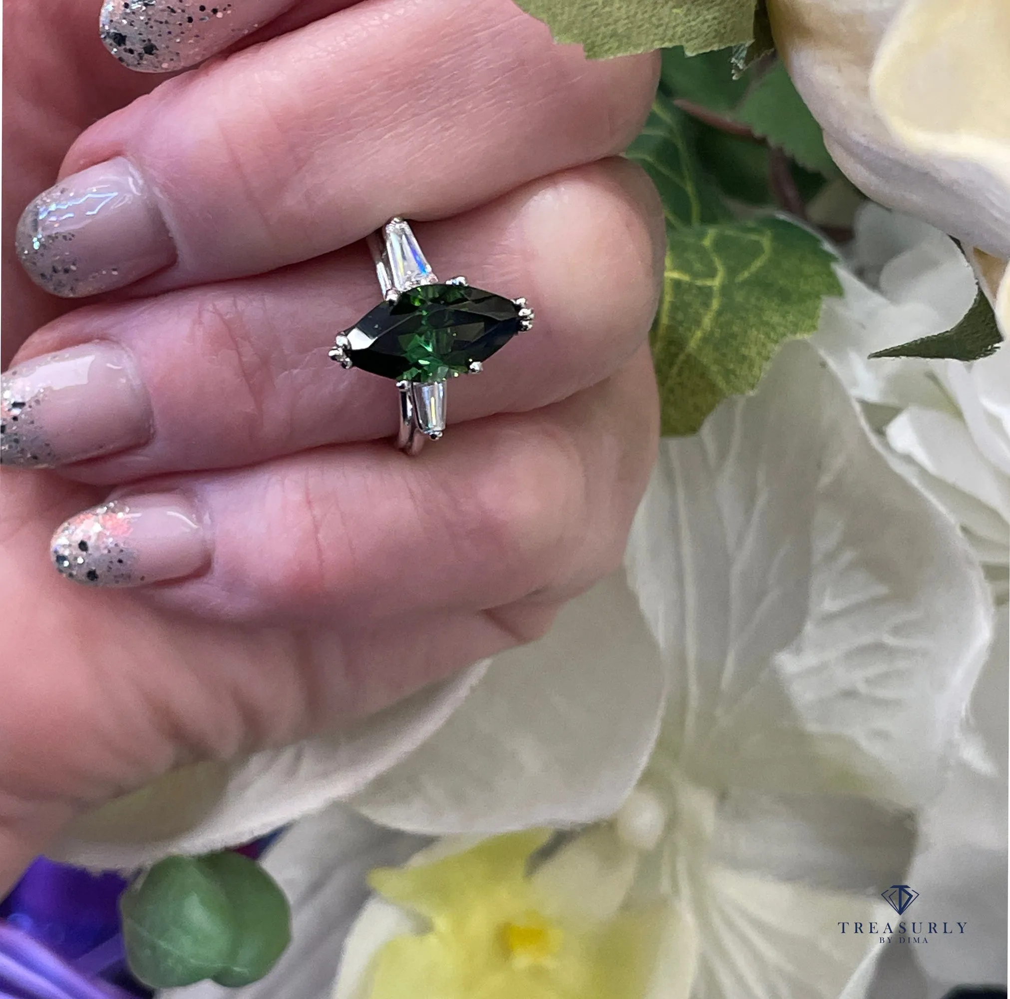 1930..Vintage 3.68ct Green Tourmaline Marquise Diamond Three Stone Platinum Ring