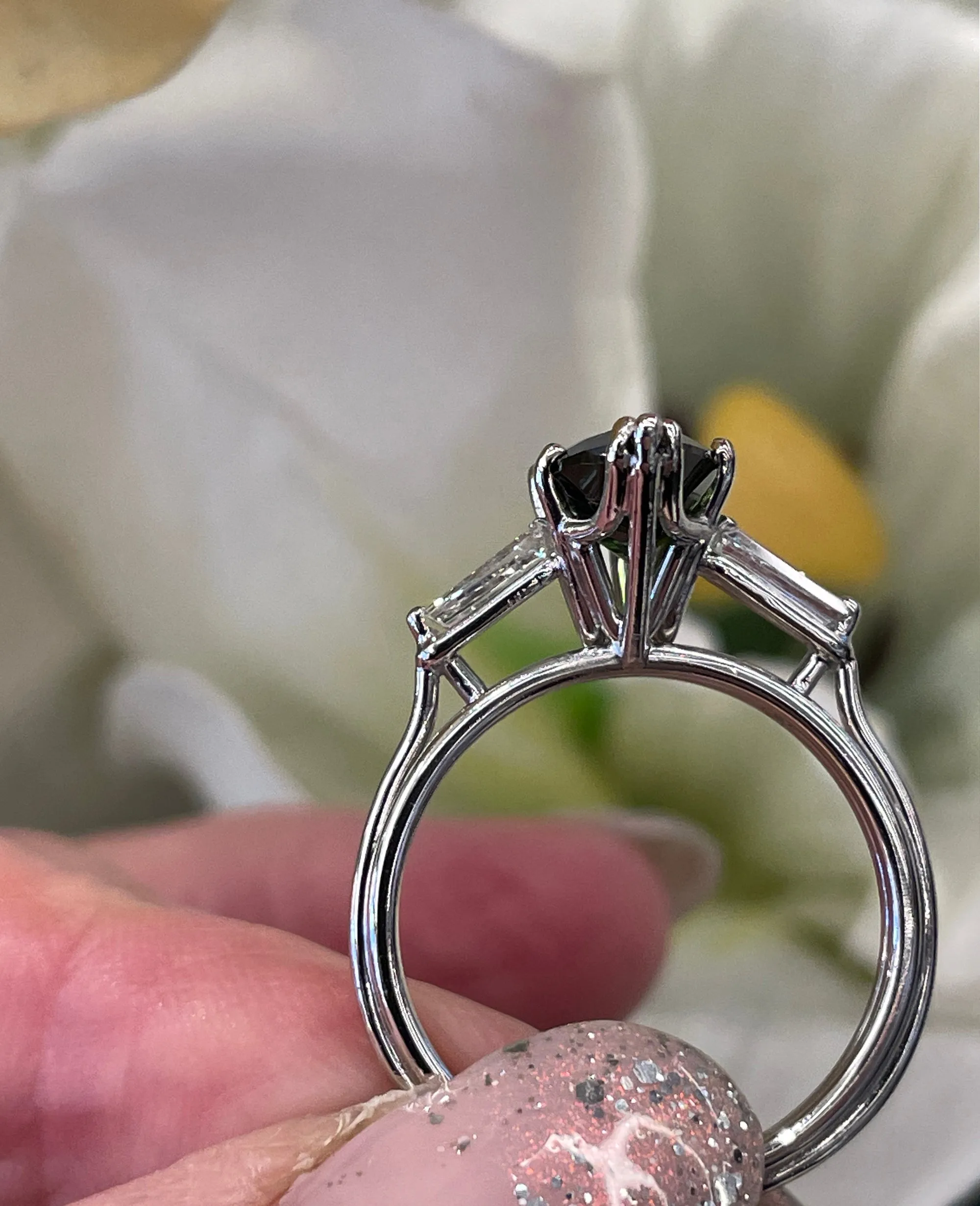 1930..Vintage 3.68ct Green Tourmaline Marquise Diamond Three Stone Platinum Ring