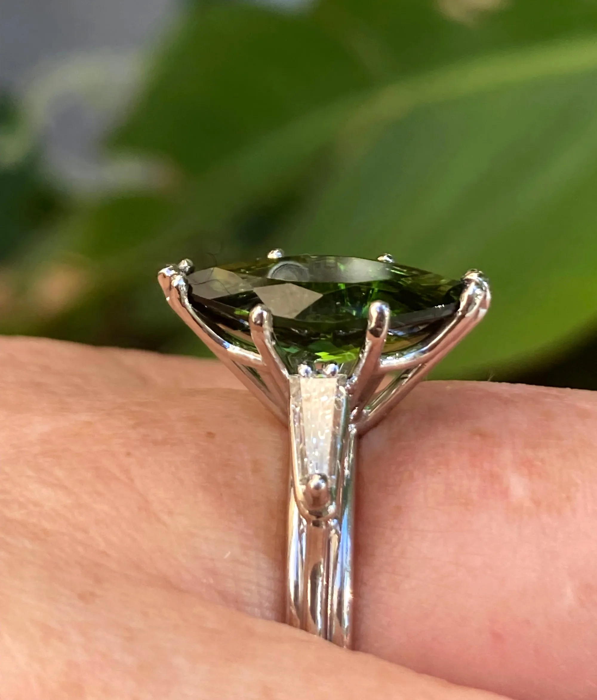 1930..Vintage 3.68ct Green Tourmaline Marquise Diamond Three Stone Platinum Ring