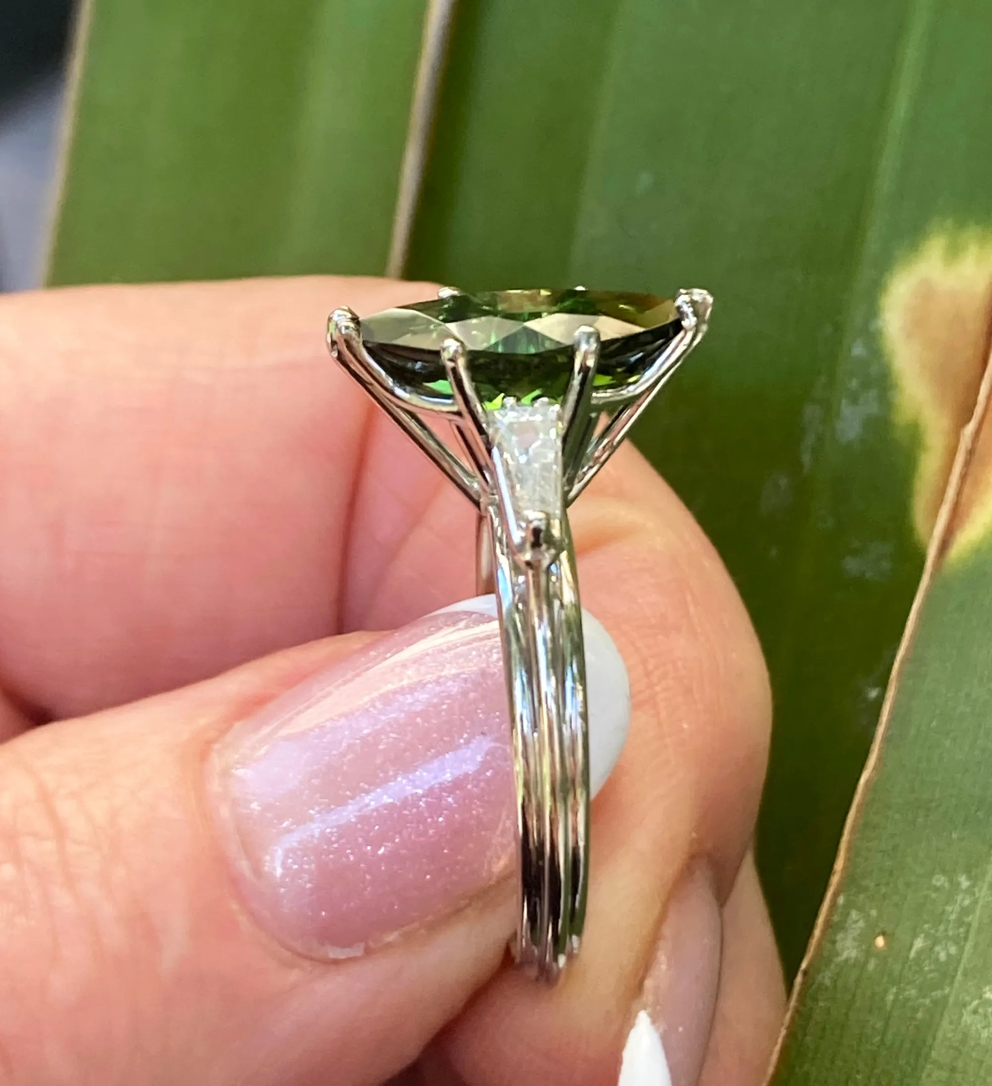 1930..Vintage 3.68ct Green Tourmaline Marquise Diamond Three Stone Platinum Ring