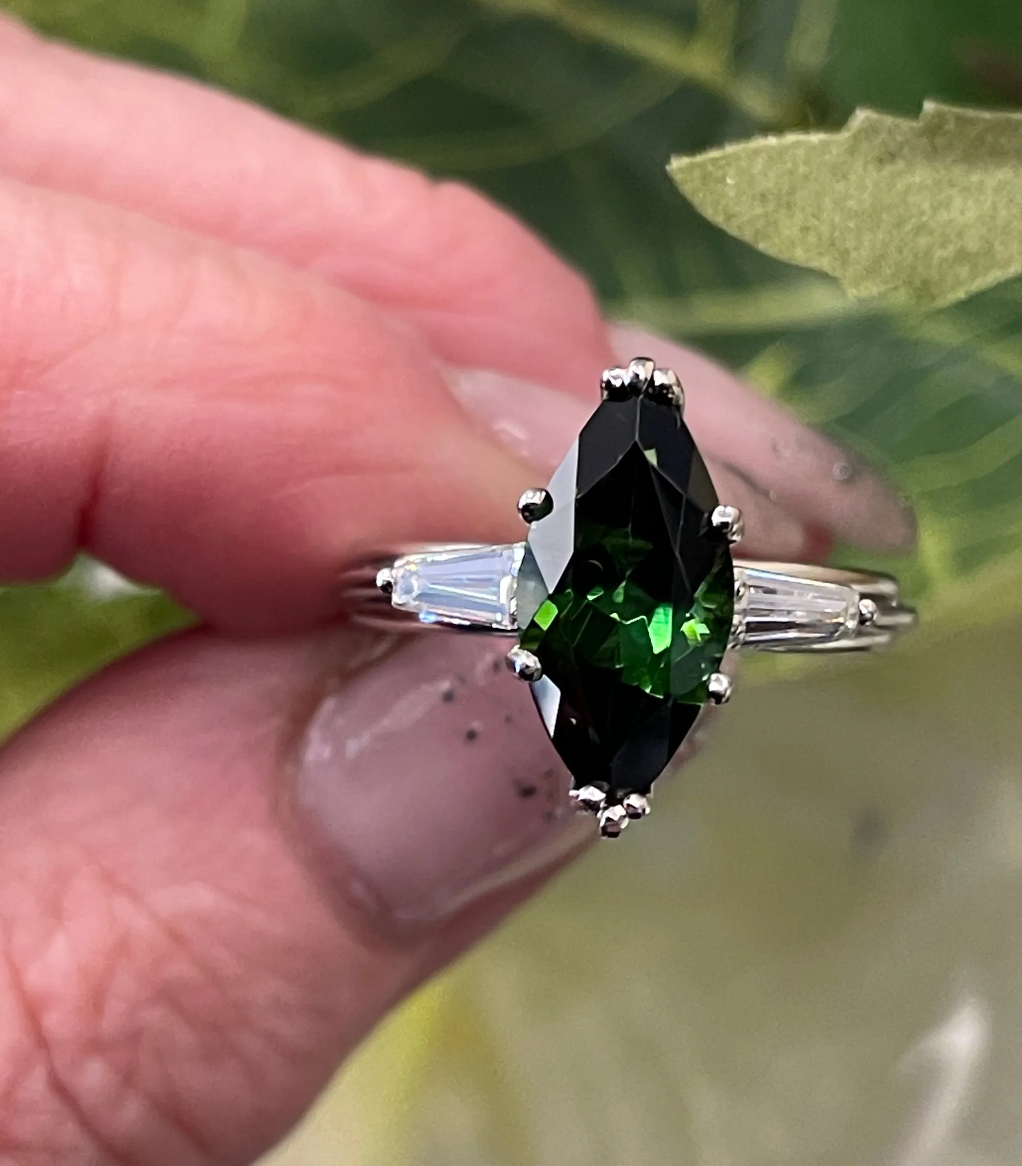 1930..Vintage 3.68ct Green Tourmaline Marquise Diamond Three Stone Platinum Ring