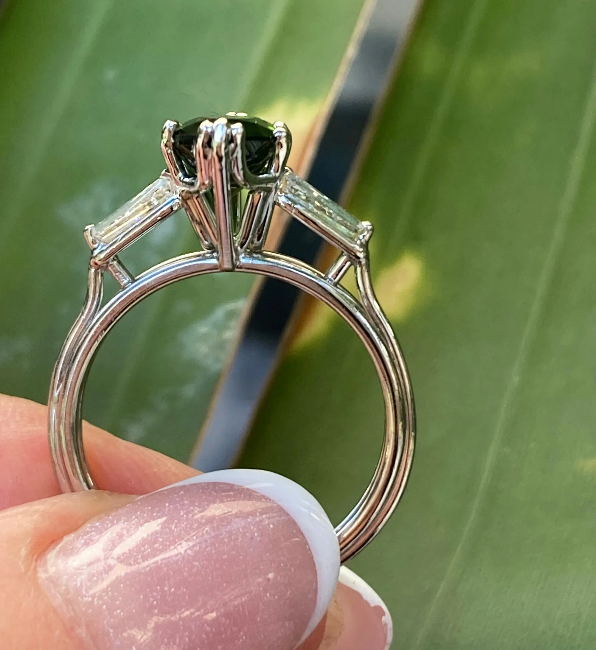 1930..Vintage 3.68ct Green Tourmaline Marquise Diamond Three Stone Platinum Ring