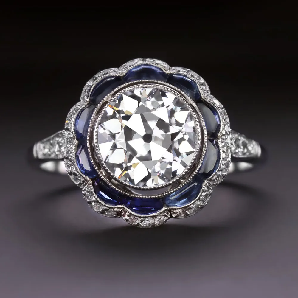2 CARAT OLD EUROPEAN CUT DIAMOND SAPPHIRE RING PLATINUM VINTAGE STYLE SCALLOPED