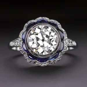 2 CARAT OLD EUROPEAN CUT DIAMOND SAPPHIRE RING PLATINUM VINTAGE STYLE SCALLOPED