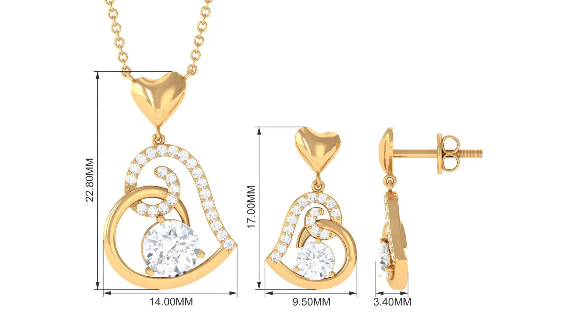 2 CT Cubic Zirconia Heart Drop Jewelry Set in Gold