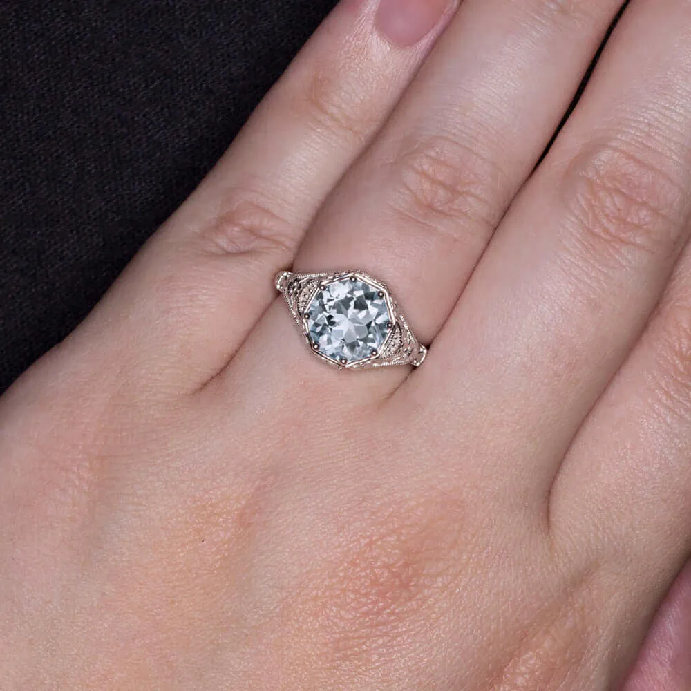2.30c ROUND CUT AQUAMARINE RING VINTAGE STYLE FILIGREE WHITE GOLD NATURAL BLUE