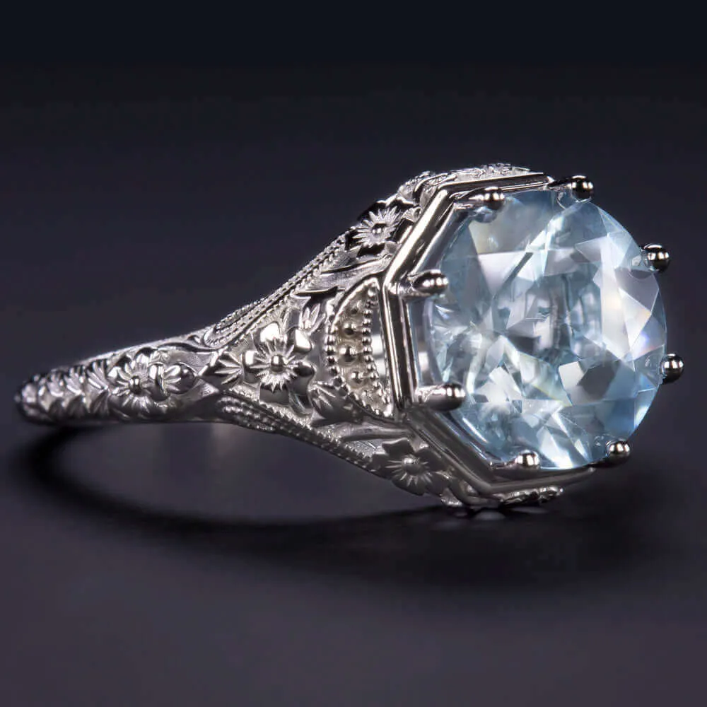 2.30c ROUND CUT AQUAMARINE RING VINTAGE STYLE FILIGREE WHITE GOLD NATURAL BLUE