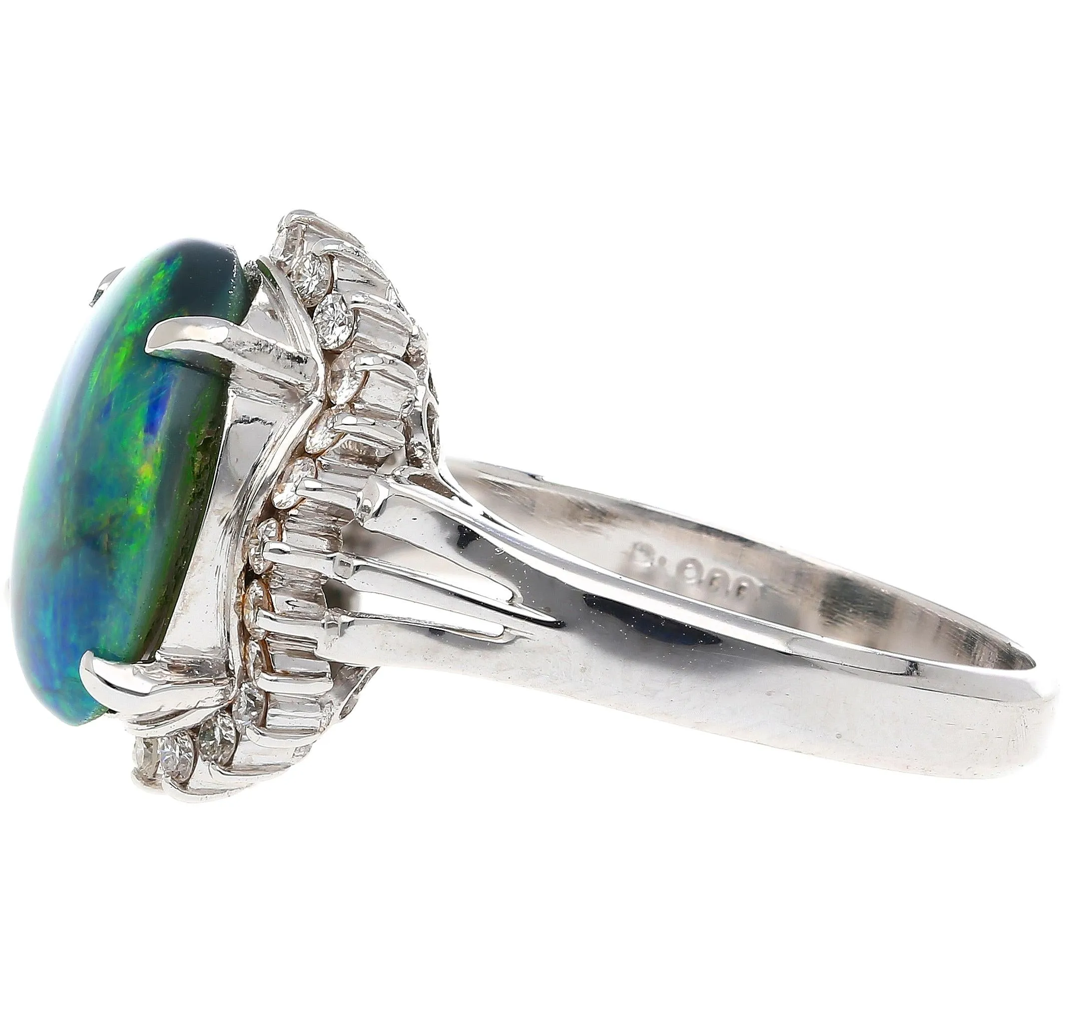 2.78 Carat Black Opal and Diamond Halo Platinum Filigree Ring